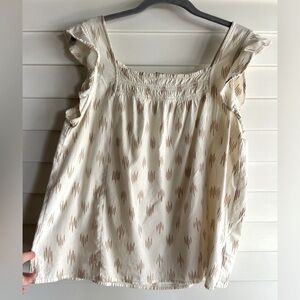 Madewell Off-white Flutter Sleeveless Top with tan pattern